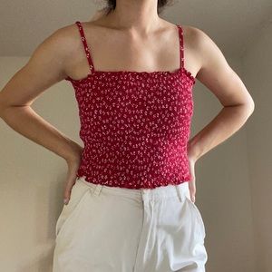 Brandy Melville Ally Red Smocked Floral Tank Top